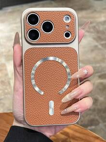 Luxury Litchi Leather Texture CD Pattern Magnetic Wireless Charging Phone Case For IPhone 17 Pro Max, 17 Pro, 16 Pro Max, 15 Pro Max, 14 Pro, 13, 12, Matte Lens Protection Anti-Fall Protective Cover - Khaki - View 3