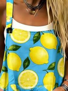 Lemon Slice All-Over Print Women's Adjustable Strap Jumpsuit, Polyester Fiber Fabric, Lightweight And Breathable, Women's Clothing, Standard Size Jumpsuit, Plus Size Women's Clothing, Plus Size Jumpsuit And Romper, Plus Size Jumpsuit - 彩色 - 查看 3