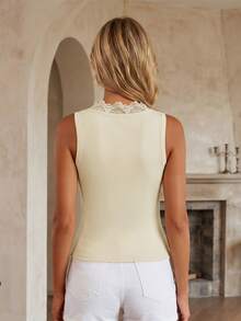 Women's Summer Sleeveless Tops, Modern, With Patchwork Lace, Deep V-Neck And Fitted Cut. - Yellow - View 3