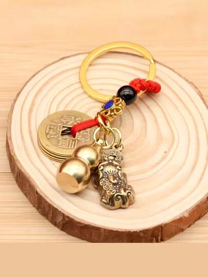 1个风水吉祥皮雕貔貅吊坠 - 1个中国护身符钥匙扣，带来好运、财富和守护 - 汽车钥匙扣配件