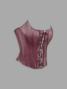 Apperloth A Áo corset crop top gợi cảm, áo định hình eo bằng da PU hở rốn dành cho nữ, áo quây buộc dây phía trước, áo định hình lưng buộc dây kim loại, trang phục lễ hội ngày Valentine. - màu đỏ hạt dẻ - Xem 3