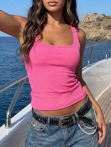 Women's Casual Rose Pink Solid Ribbed Knit Scoop Neck Cropped Tank Top, Summer - Hot Pink - View 1