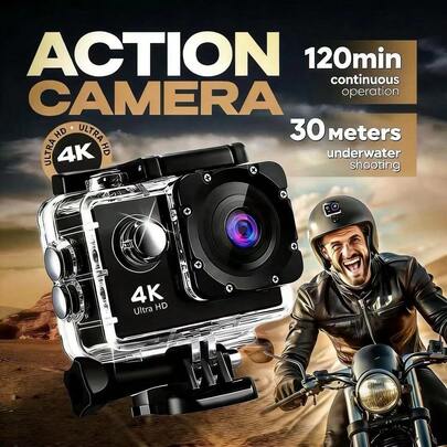 Cámara de acción 4K, mini cámara inteligente 4K HD impermeable para exteriores, con carcasa impermeable, cámara de acción 4K Ultra HD, pantalla de 2.0", batería de 1050mAh para 120 minutos de grabación, impermeable hasta 30M, con función de lapso de tiempo, grabadora antivibración para bicicleta y motocicleta (tarjeta TF no incluida), adecuada para viajes familiares, actividades al aire libre, grabación de deportes y equipo de aventura