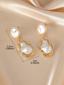 1对新款金色巴洛克仿珍珠几何耳环，不对称小众优雅时尚百搭耳环，日常佩戴的养殖珍珠耳环 - 幾何 - 查看 4