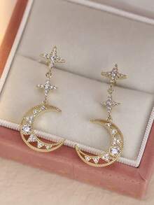 1 Pair Women's Earrings, Star & Moon Inlaid Synthetic Zirconia Earrings, Elegant Design Fashion Versatile Jewelry Suitable For Women's Daily Wear And Gifts - Earrings Earrings - View 3