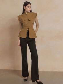 Amyenjoylife Modern Filipiniana Sleeveless Stand Collar Button-Up Peplum Top, Brown - Coffee Brown - View 3