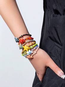 1pc Women's Fashion Minimalist Starfish Beaded Elastic Bracelet, Suitable For Beach Vacation Wear - Multicolor - View 1