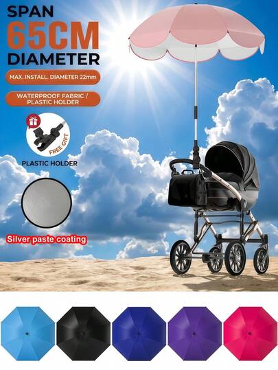 1 chiếc dù che nắng ngoài trời điều chỉnh được 8 màu, vải chống thấm nước, lớp lót mạ bạc, thiết kế viền hoa, kèm giá đỡ nhựa đa năng, phù hợp với lỗ lắp đặt lên đến 22mm, đường kính 65cm khi mở, chống tia UV di động, thiết kế kẹp, thích hợp che nắng/mưa ngoài trời.