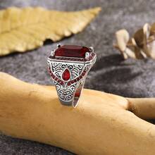 1pc European And American Literary Retro Carved Flower Men's Dating Ring - Red - View 3
