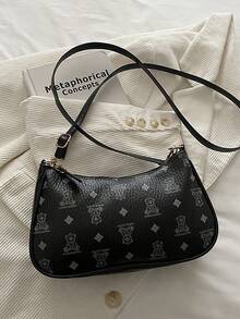 鳄鱼纹韩版女士手提包，新款时尚单肩包，简约新月形托特包，适合OL - 黑色 - 查看 9