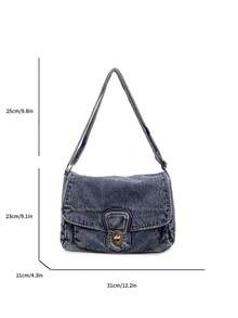 New Stylish And Soft Washed-Jeans-Inspired Shoulder Bag With A Flap Design; A Versatile, Roomy Crossbody Bag For Women With A Twist-Lock Closure, Perfect For Shopping And Commuting - 藍色 - 查看 11