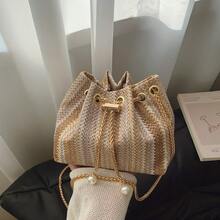 Woven Texture Fashion New One Shoulder Diagonal Handbag, Tote Bag For Work Commute, Drawstring Bucket Bag With Simple Stylish Metal Chain Shoulder Strap - Multicolor - View 6