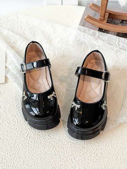 Little Leather Girl's Thick-Soled New Style Chunky Heel Gentle And Sweet Rhinestone Butterfly Sweet Retro Mary Jane Shoes Summer Style