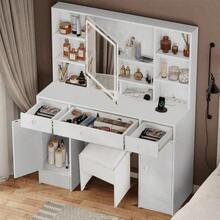 Habitdesign Vanity Tocador con Espejo y Luces, Tocador para Recamara con 3 Cajones y 2 Armario, Estantes Ocultos, Tocador de Maquillaje con Estación de Carga Escritorio - Blanco - Ver 4
