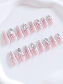24pcs INS Fresh Summer Almond-Shaped Nail Stickers, Full Coverage Handmade Crystal Rhinestone Fake Nails With Manicure Tool Kit, Suitable For Women Party, Wedding, Vacation, Daily Wear - Multicolor - View 3