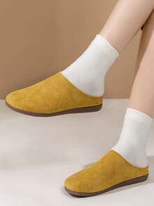 黄色麂皮穆勒拖鞋，软底防滑休闲家居鞋，复古百搭通勤鞋，女士款 - 黃色 - 查看 2