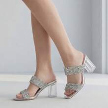 Geeyea Women's High-Heeled Sandals, Elegant Style With Sequined Upper, Open Toe And Chunky Heel, Lightweight Slip-On, Suitable For Beach Vacations, Dates, Parties. - 銀色 - 查看 5