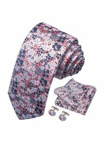 1 Set de corbata, pañuelo de bolsillo y gemelos de 3 piezas con estampado floral para hombres, adecuado para accesorios formales de novio en bodas y atuendo de negocios - colores mezclados - Ver 5