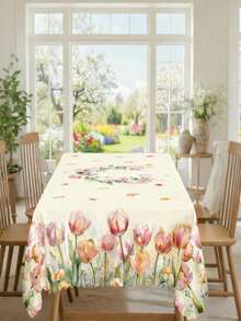 1pc Elegant Tulip & Floral Print Tablecloth, Durable Polyester Tablecloth With Ruffled Edges, Stain-Resistant Waterproof Washable Wrinkle-Free Table Cover, Suitable For Various Occasions Like Spring Holidays, Thanksgiving Dinner, Patio Parties, Home Decor, Essential Dining Table And Kitchen Dining Accessory, Home Decor Tablecloth, Wedding Tablecloth, Wedding Table Decor, Room Decor, Vintage Decor - Black - View 7