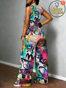 Colorful Graffiti Love Flower All-Over Print Women's Vest And Long Pants Two-Piece Set, Polyester Fiber Fabric, Lightweight And Breathable, Women's Two-Piece Set, Women's Clothing, Regular Women's Clothing, Plus Size Women's Clothing - Nhiều màu - Xem 2
