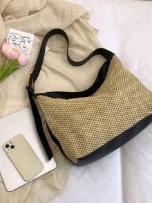New Woven Beach Bag, Women Simple Shoulder Bag - Black - View 8