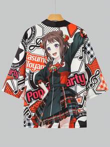 Anime-Inspired 7/8 Sleeve Kimono Robe, Red & White Musical Note Print, Loose Fit Lightweight Cardigan Jacket - Coral Orange - View 4