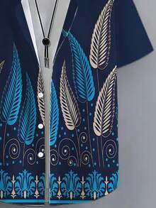 Elegant Feather Pattern Symbolizes Freedom And Vitality With Abstract Blue Golden Leaves Rising Harmoniously 3D Print Casual Button Down Short Sleeve Shirt For Men Summer Beach Top - 白色 - 查看 3