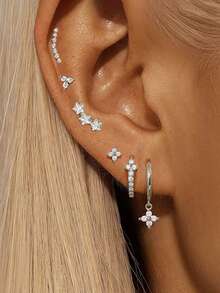6Pcs Elegance Geometry Stud Earrings For Women Fashion Flower Star Petal Cartilage Hoop Earring Piercing Ear Jewelry Suitable For Holiday Parties, Fashion Accessories - Silver - View 3