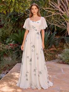 UNITHORSE Women's Sweetheart Neck Ruffle Sleeve Pleated Bust Fitted Chiffon Evening Dress - Apricot - View 1