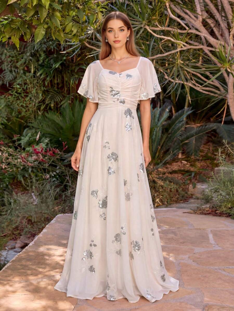 UNITHORSE Women's Sweetheart Neck Ruffle Sleeve Pleated Bust Fitted Chiffon Evening Dress - Apricot - View 1