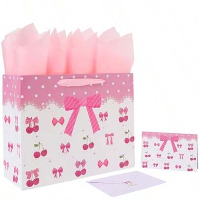 13'' Large Red Bow Gift Bag Set With Handles Greeting Card Pink Tissue Papers And Stickers For Women Girls For Birthday Wedding Bridal Shower Baby Shower Red Bow Design 1 Pcs