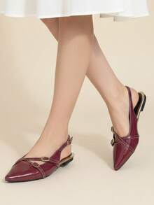 Women's Elegant Basic Slingback Buckle Patent Marsala Black Valentine's Day Flats - 酒紅色 - 查看 4