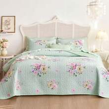 - Shabby Chic Quilt Set Floral Coquette Cottagecore Farmhouse Vintage Flowers for Women Teen Girls Reversible Lightweight Bedspread Coverlet 3 Pieces Green Queen/Full Size - Verde - Ver 9