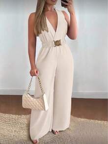 女士性感深V领无袖阔腿连体裤 - 杏色 - 查看 7