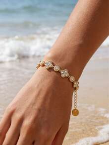 18K Gold/Silver Plated Full Diamond Four-Leaf Clover Bracelet, Bohemian Style Golden Summer Beach Vacation Stainless Steel Delicate Adjustable Chain Bracelet For Women - Gold - View 8