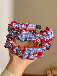 1件蓝白格子红色滚边荷叶边发箍，春夏校园风发饰，适合多种发型 - 彩色 - 查看 8