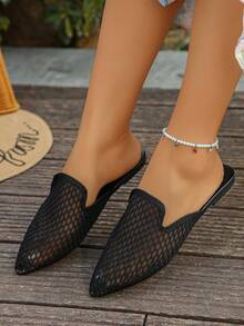 Giày bệt mũi nhọn đế bằng cỡ lớn 35-45 dành cho nữ, màu vàng đồng, kiểu dáng thấp, thích hợp cho hoạt động ngoài trời và hàng ngày, mẫu mới về mùa thu, chất liệu PU mềm mại, kiểu giày lười thời trang đa năng. - Lưới đen-kim cương đen - Xem 4