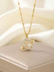 1pc Elegant And Charming Personalized Copper Set Zirconia Moon Star Pendant Necklace Children's Necklace Girl Birthday Gift Valentine's Day Jewelry Beach Vacation Jewelry Accessories - Gold - View 4