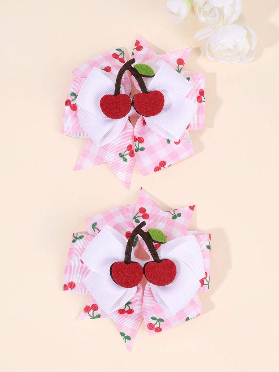 Bộ 2 kẹp tóc hình quả anh đào dễ thương cho bé gái, kẹp tóc nơ chấm bi hồng, phụ kiện tóc trẻ em. - Nhiều màu - Xem 1