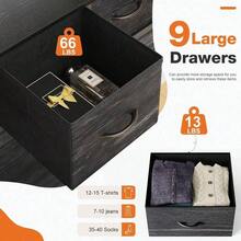 Cómoda Sweetcrispy de 9 cajones, torre de almacenamiento de tela para dormitorio, pasillo, entrada, armario, unidad organizadora alta con contenedores de tela, estructura de acero, superficie de madera, asa de fácil extracción. - Veta de madera negra - Ver 5