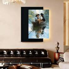 Con marco Cuadro 2D plano, 2D plano, 1 pieza de arte vintage con un niño y un Bernese Mountain Dog en un barco, enmarcado y listo para colgar. Esta pintura en lienzo sirve como decoración para guarderías, salas de estar u oficinas - Enmarcado - Ver 1