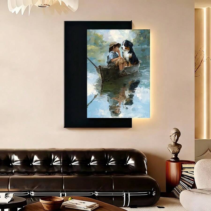 Con marco Cuadro 2D plano, 2D plano, 1 pieza de arte vintage con un niño y un Bernese Mountain Dog en un barco, enmarcado y listo para colgar. Esta pintura en lienzo sirve como decoración para guarderías, salas de estar u oficinas - Enmarcado - Ver 1