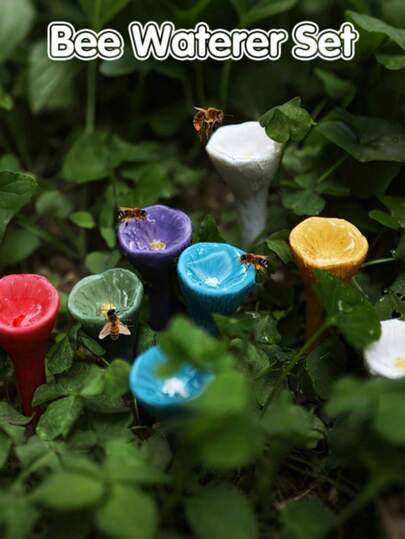 5件套彩色蜜蜂饮水器套装，蜜蜂和昆虫饮水杯，带木质底座的彩色蜜蜂饮水站，花园蜜蜂喂食器，适用于户外、花园、阳台、花盆，创意花园装饰，实用园艺工具