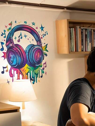 1/2 chiếc tai nghe chơi game phong cách Cyberpunk, trang trí phòng ngủ bé trai và quán internet, decal dán tường tự dính, kích thước 11.4 x 15.4 inch.