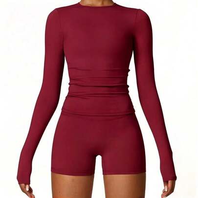 FWH Minimalist Casual/Relaxed/Minimalist Fashionable Suitable For Office And Outdoor, Slim Fit Stretchy Bodycon Round Neck Long Sleeve Top/Slim Fit Design/Clean Line Stretchy T-Shirt, Multifunctional Suitable For Workout/From Office To Gym/Daily Wear, Women Long Sleeve T-Shirt/Undershirt/Stretchy T-Shirt