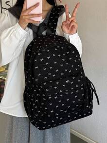新款灯芯绒蝴蝶结印花女士背包，大容量休闲实用，是校园生活和学生使用的理想之选。适合上课、返校、户外活动或旅行。它不仅便于携带，而且容量大。 - 黑色 - 查看 7