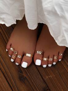 10 piezas Anillos para los dedos de los pies con diseño de estrellas y lunas, conjunto de joyas geométricas huecas ajustables en forma de 8 para la playa - Dorado - Ver 1