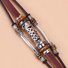 Hollowed-Out Curved Tube Beaded Stainless Steel Clasp Genuine Leather Bracelet - Coffee Brown - View 7