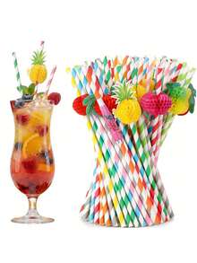 20pcs Honeycomb Tropical Fruit Paper Straws, Disposable Paper Cocktail Straws Suitable For Hawaiian Party, Pool Party, Birthday, Wedding - A - View 2