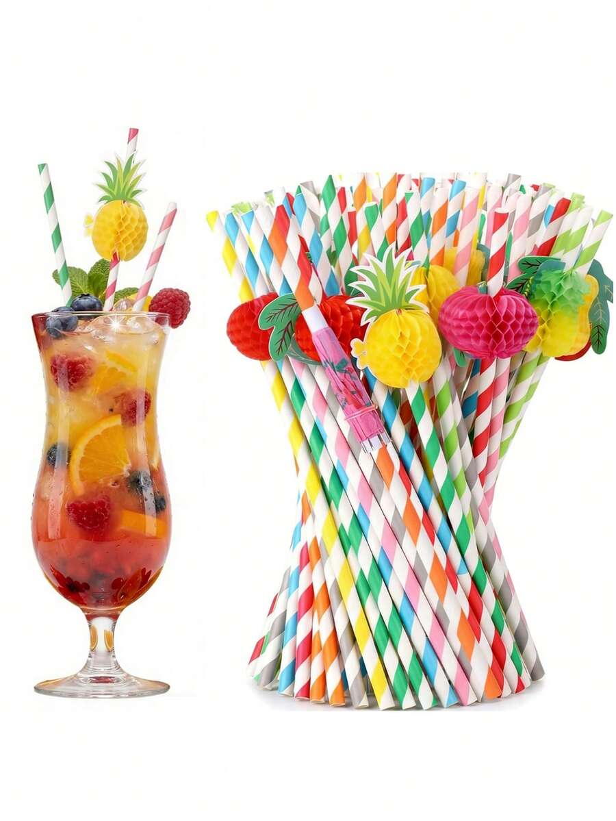20pcs Honeycomb Tropical Fruit Paper Straws, Disposable Paper Cocktail Straws Suitable For Hawaiian Party, Pool Party, Birthday, Wedding